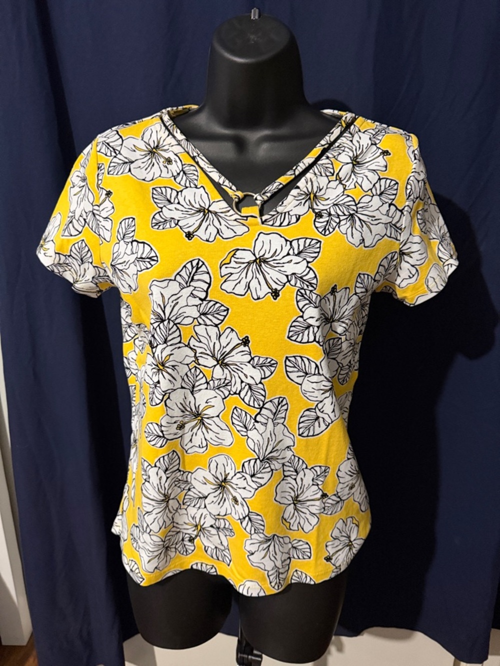 Rafaella Yellow Floral V-Neck Short Sleeve Top